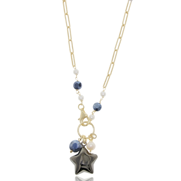 COLLANA CON STELLA IN ARGENTO DORATO E RUTENIO TIT 925‰ E PIETRE DURE CM 40-43