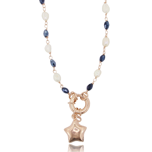 COLLANA CON MOSCHETTONE E STELLA IN ARGENTO ROSATO TIT 925‰ E PIETRE DURE CM 40-45