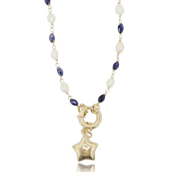 COLLANA CON MOSCHETTONE E STELLA IN ARGENTO DORATO TIT 925‰ E PIETRE DURE CM 40-45