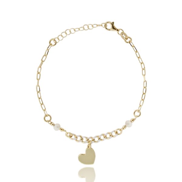 BRACCIALE FORZATINA CON CUORE E PERLE IN ARGENTO DORATO TIT 925 CM 17-19