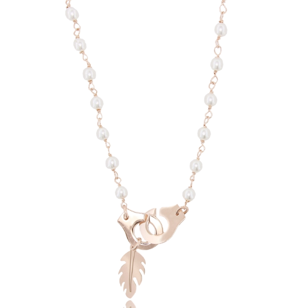 COLLANA CON MANETTE E PIUMA IN ARGENTO ROSATO TIT 925‰ E PERLE CM 40-45