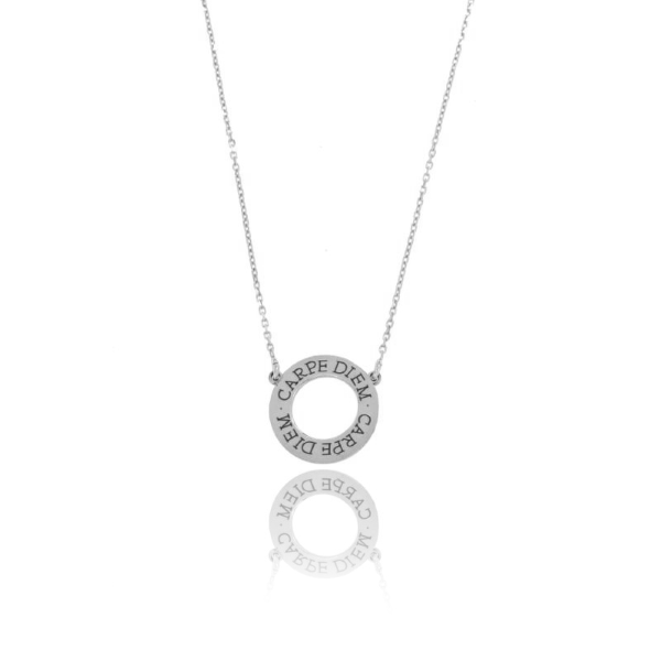 COLLANA FORZATINA CON CERCHIO CARPE DIEM IN ARGENTO RODIATO TIT 925‰ CM 40-45