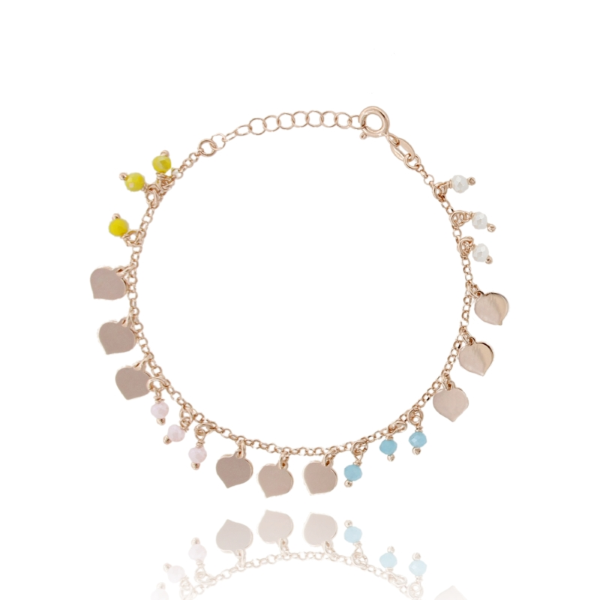 BRACCIALE ROLO CON PIETRE E CUORI PENDENTI IN ARGENTO ROSATO TIT 925 CM 17-19
