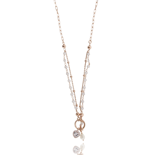 COLLANA CON CUORE SMALTATO ZIRCONATO E PIETRE IN ARGENTO ROSATO TIT 925 CM 38-42