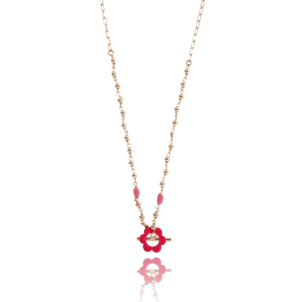 COLLANA CON FIORE SMALTATO E PIETRE IN ARGENTO ROSATO TIT 925 CM 38-42