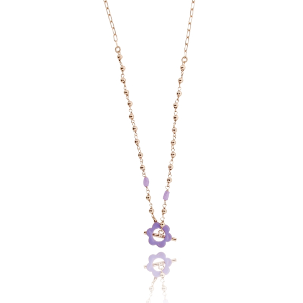 COLLANA CON FIORE SMALTATO E PIETRE IN ARGENTO ROSATO TIT 925 CM 38-42