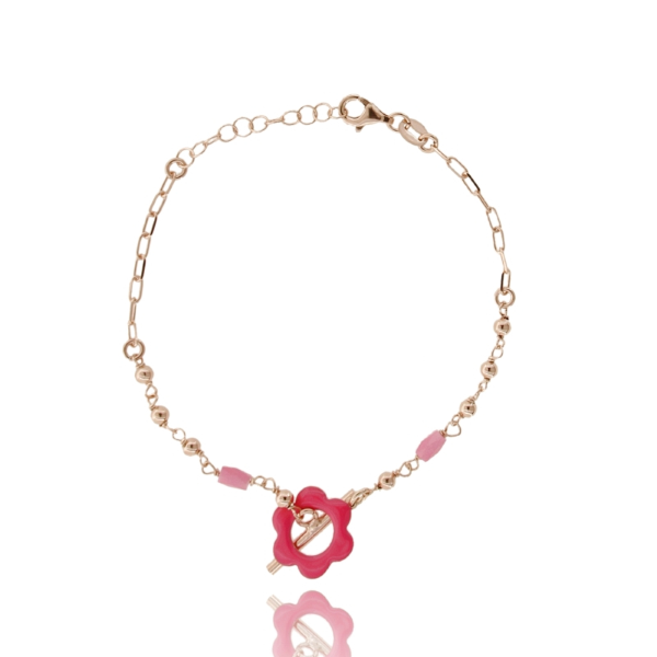BRACCIALE CON FIORE SMALTATO E PIETRE IN ARGENTO ROSATO TIT 925 CM 17-19