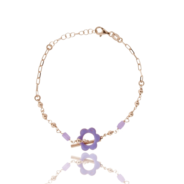 BRACCIALE CON FIORE SMALTATO E PIETRE IN ARGENTO ROSATO TIT 925 CM 17-19