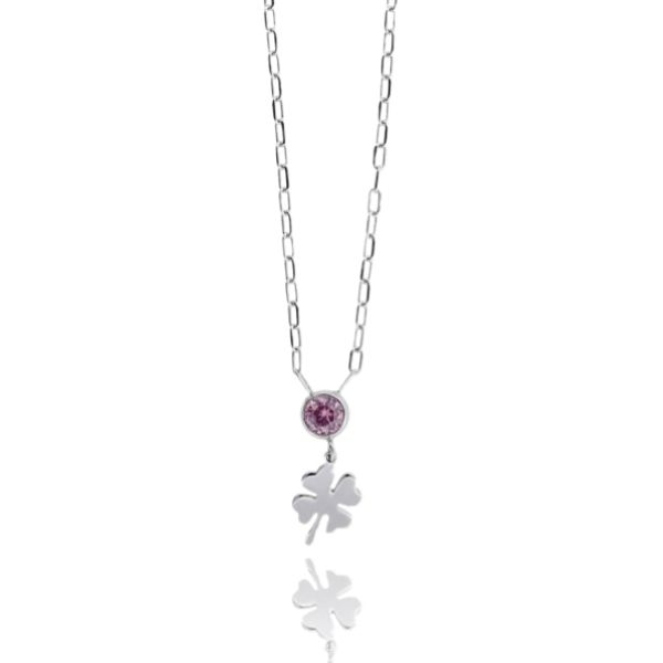 COLLANA FORZATINA CON SOLITARIO DI ZIRCONE E QUADRIFOGLIO IN ARGENTO RODIATO TIT 925 CM 38-42