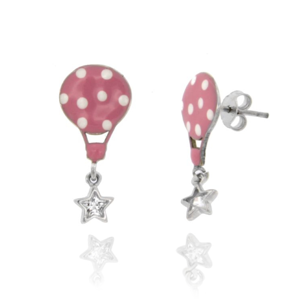 ORECCHINI CON MONGOLFIERA SMALTATA E STELLA CON ZIRCONI IN ARGENTO RODIATO TIT 925‰