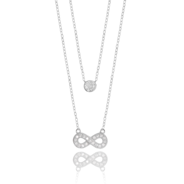 COLLANA FORZATINA A 2 FILI CON INFINITO PENDENTE IN ARGENTO RODIATO TIT 925 E ZIRCONI CM 40-45