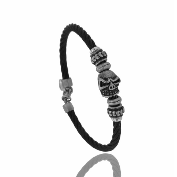 BRACCIALE IN CORDA MM 4 PLACCATA RUTENIO CON BOULE CENTRALI IN ACCIAIO