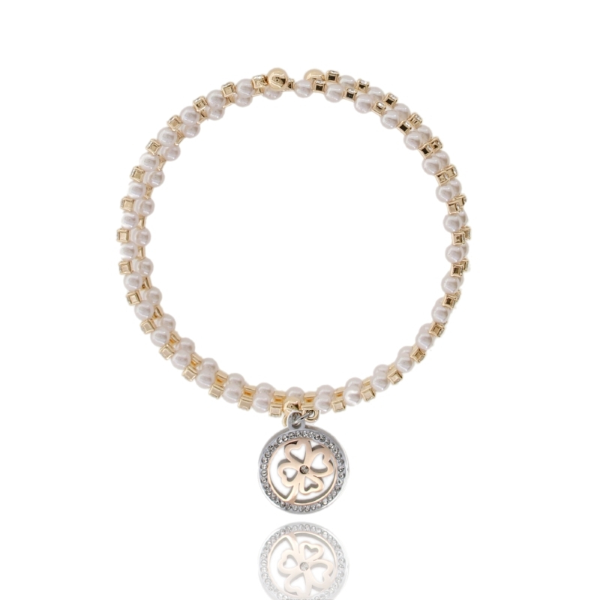 BRACCIALE A SERPENTE CON STRASS, PERLE E QUADRIFOGLIO PENDENTE IN OTTONE BICOLORE