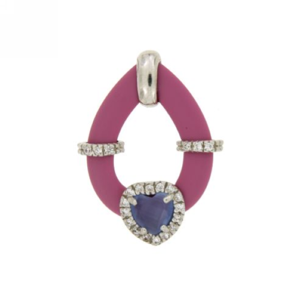 CIONDOLO GOCCIA CON CAUCCIU' FUCSIA E APPLIC. CUORE CON PIETRE IDROTERMALI E ZIRCONI IN ARGENTO TIT 925