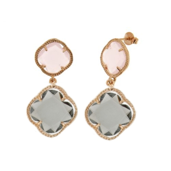 ORECCHINI DOPPIO FIORE IN ARGENTO TIT 925‰ E PIETRE IDROTERMALI