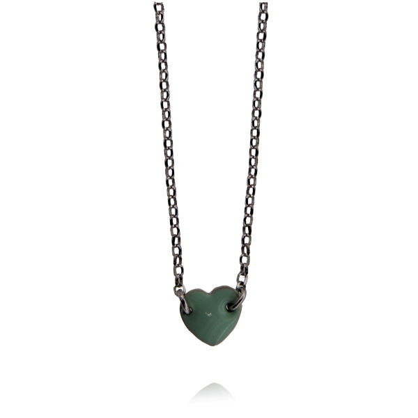 CATENA ROLO' CON CENTRALE A CUORE MM 10X10 CON SMALTO VERDE ACQUAMARINA IN ARGENTO RODIATO TIT 925 CM 45-50