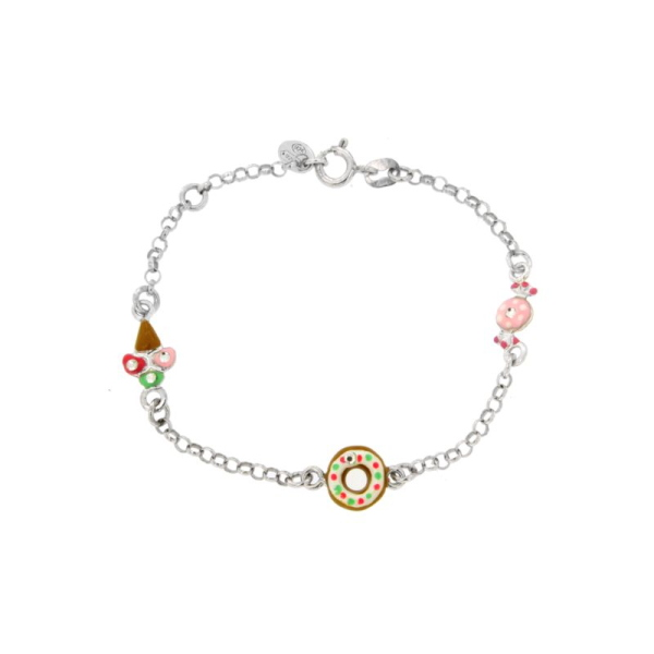 BRACCIALE ROLO' CON CARAMELLA, GELATO E CIAMBELLA IN ARGENTO RODIATO TIT 925, CON STRASS E SMALTO CM 15-17