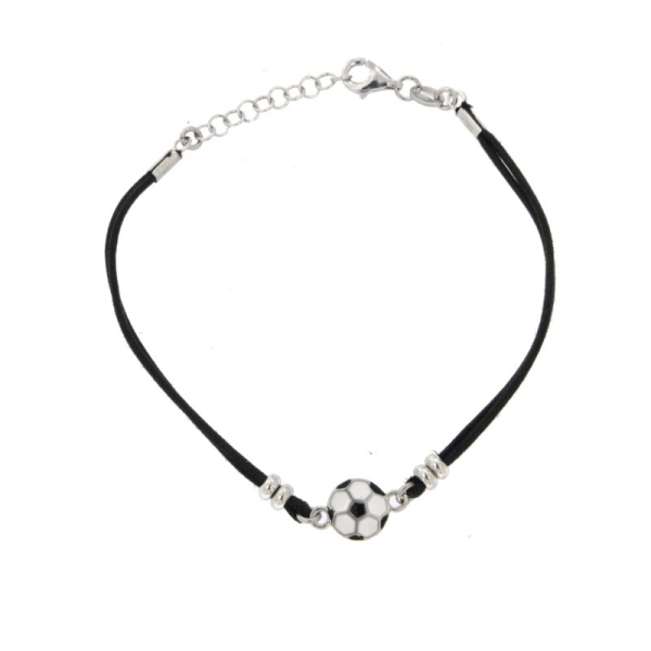 BRACCIALE IN SETA CERATA CON PALLONE IN ARGENTO RODIATO TIT 925 E SMALTO CM 15-17