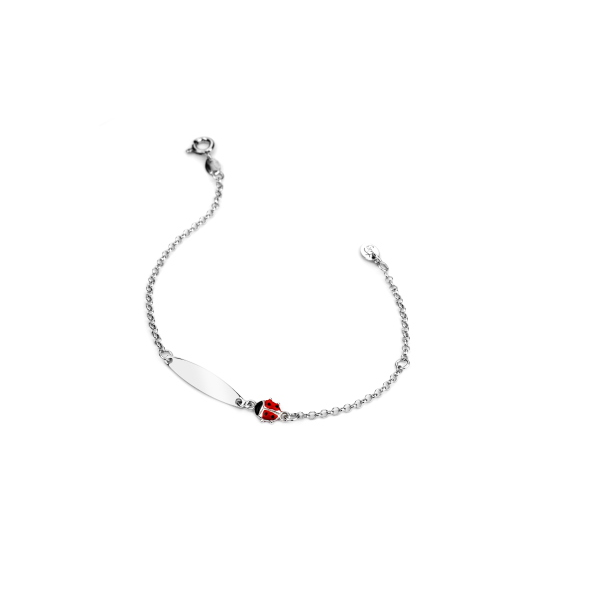 BRACCIALE CATENA ROLÒ CON PIASTRINA DA INCIDERE E COCCINELLA IN ARGENTO RODIATO TIT 925 E SMALTO CM 14-17