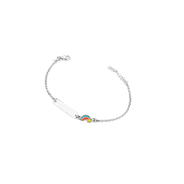 BRACCIALE CATENA ROLÒ CON PIASTRINA DA INCIDERE E ARCOBALENO IN ARGENTO RODIATO TIT 925 E SMALTO CM 14-17