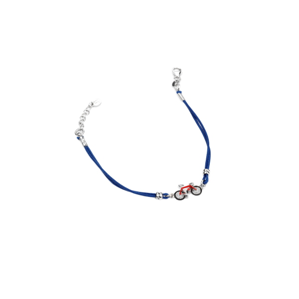 BRACCIALE IN SETA CERATA CON BICI IN ARGENTO RODIATO TIT 925 E SMALTO CM 15-17