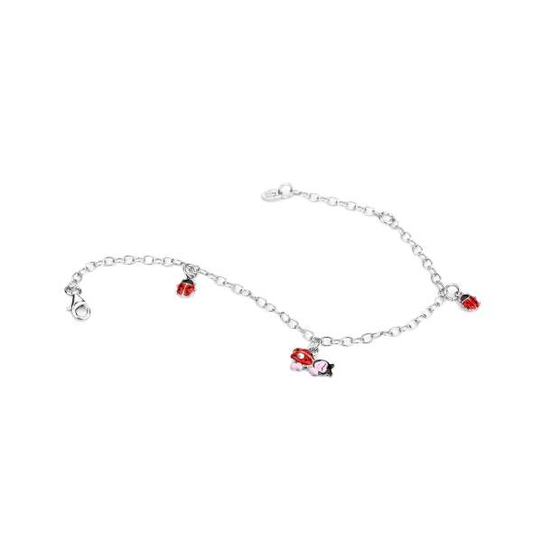 BRACCIALE CON CATENA ROLÒ OVALE CON COCCINELLE PENDENTI IN ARGENTO RODIATO TIT 925 E SMALTO CM 14-17