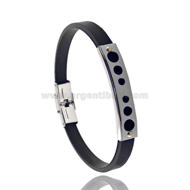 BRACCIALE IN CAUCCIU' CON TARGA TRAFORATA A CERCHIETTI IN ACCIAIO CON VITINE IN BILAMINA DI OTTONE E ORO