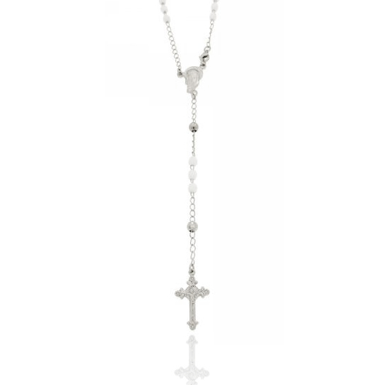 COLLANA ROSARIO CON PIETRE BIANCHE FACCETTATE MM 4,5 X 4,5 CM 54 IN ARGENTO RODIATO 925‰