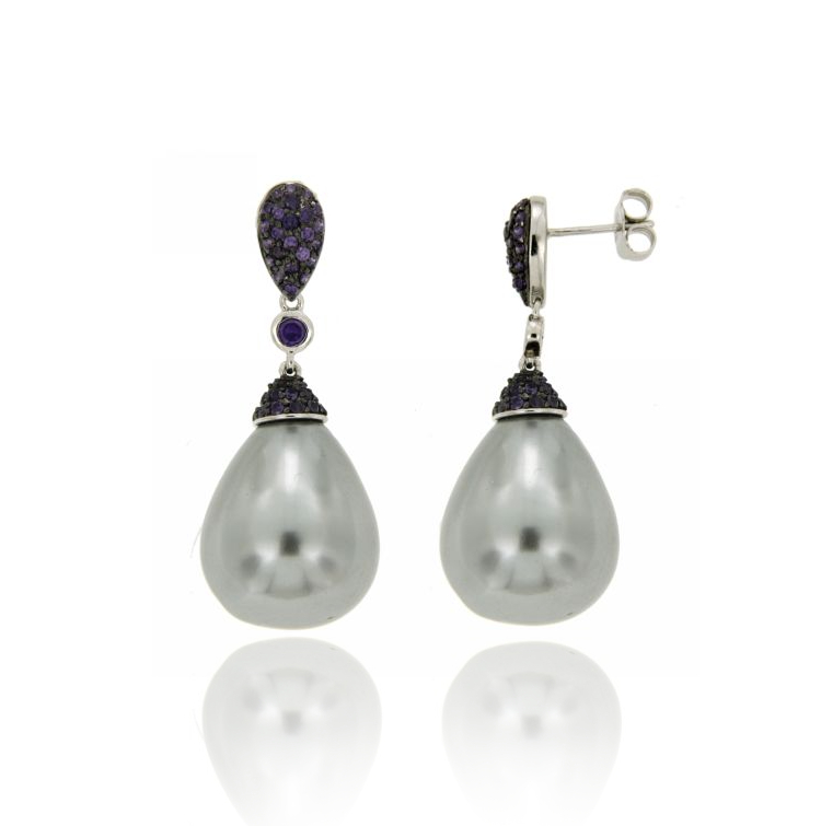 ORECCHINI PERLA GRIGIA MM 22X17 E ZIRCONI VIOLA IN AG RODIATO TIT 925