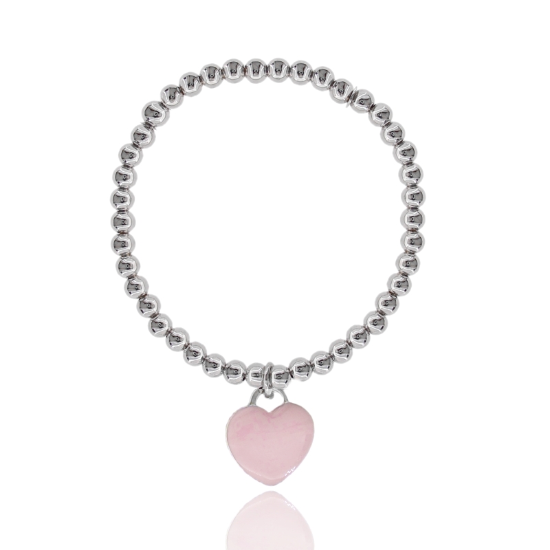 BRACCIALE ELASTICO CON SFERE MM 4 E CUORE PENDENTE IN ARGENTO RODIATO TIT 925 E SMALTO