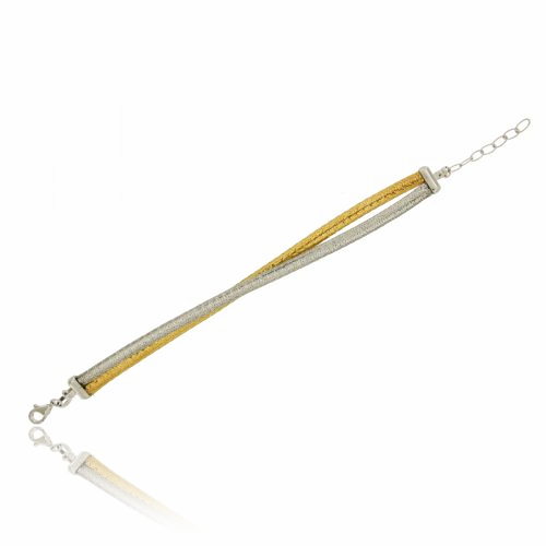 BRACCIALE IN MAGLIA D'ARGENTO ELASTICA A DUE FILI MM 5 IN AG PLACCATO ORO E RODIO TIT 925‰ CM 17 ESTENSIBILE A 20