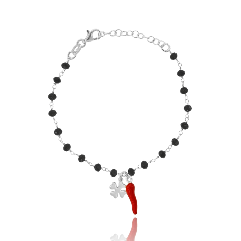 BRACCIALE CON PIETRE, QUADRIFOGLIO E CORNO SMALTATO IN ARGENTO TIT 925 CM 16 ESTENSIBILE A 19