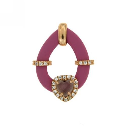 CIONDOLO GOCCIA CON CAUCCIU' FUCSIA E APPLIC. CUORE CON PIETRE IDROTERMALI E ZIRCONI IN ARGENTO TIT 925