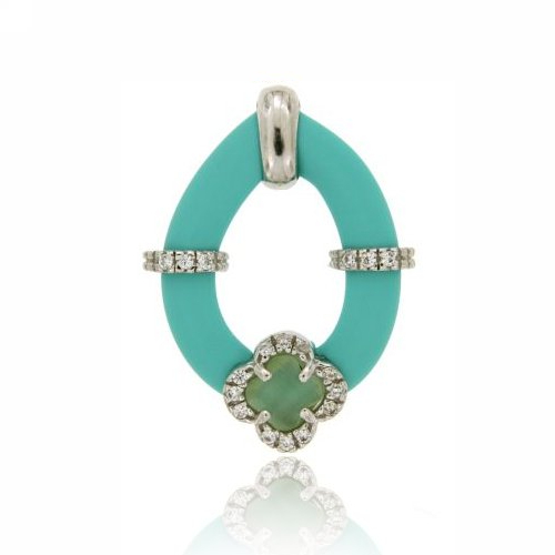 CIONDOLO GOCCIA CON CAUCCIU' FUCSIA E APPLIC. FIORE CON PIETRE IDROTERMALI E ZIRCONI IN ARGENTO TIT 925