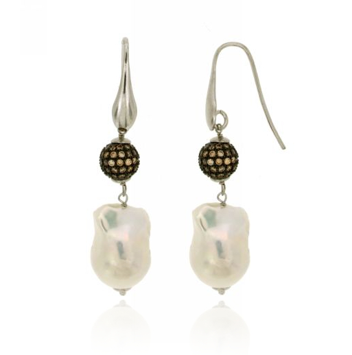 ORECCHINI PENDENTI CON PERLE SCARAMAZZE E SFERA MM 10 CON ZIRCONI TIT 925