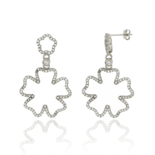 ORECCHINI PENDENTI FIORE MM 40X25 CON ZIRCONI IN AG RODIATO TIT 925‰