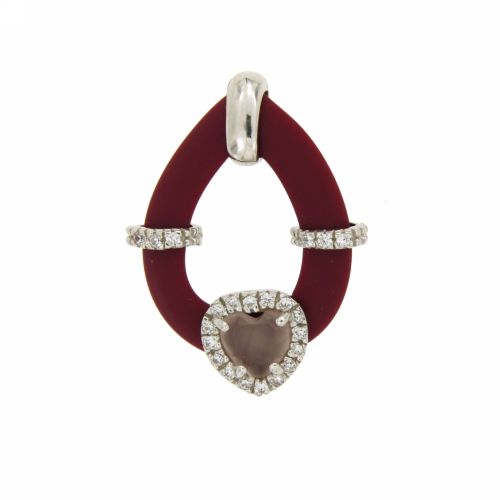 CIONDOLO GOCCIA CON CAUCCIU' FUCSIA E APPLIC. CUORE CON PIETRE IDROTERMALI E ZIRCONI IN ARGENTO TIT 925