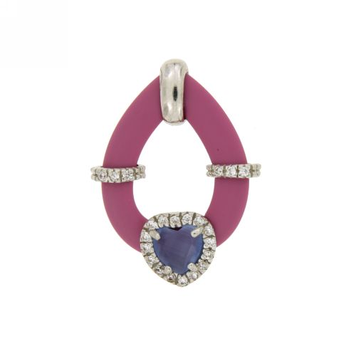 CIONDOLO GOCCIA CON CAUCCIU' FUCSIA E APPLIC. CUORE CON PIETRE IDROTERMALI E ZIRCONI IN ARGENTO TIT 925