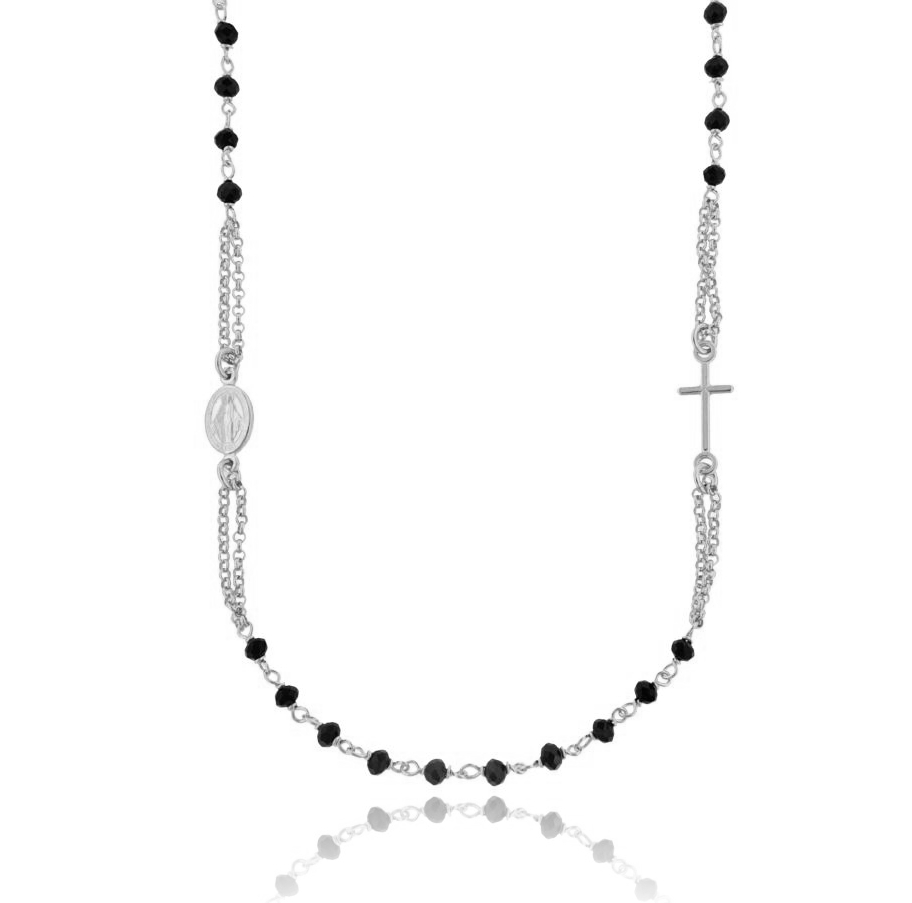 COLLANA ROSARIO A GIRO CON PIETRE NERE IN ARGENTO TIT 925 CM 50