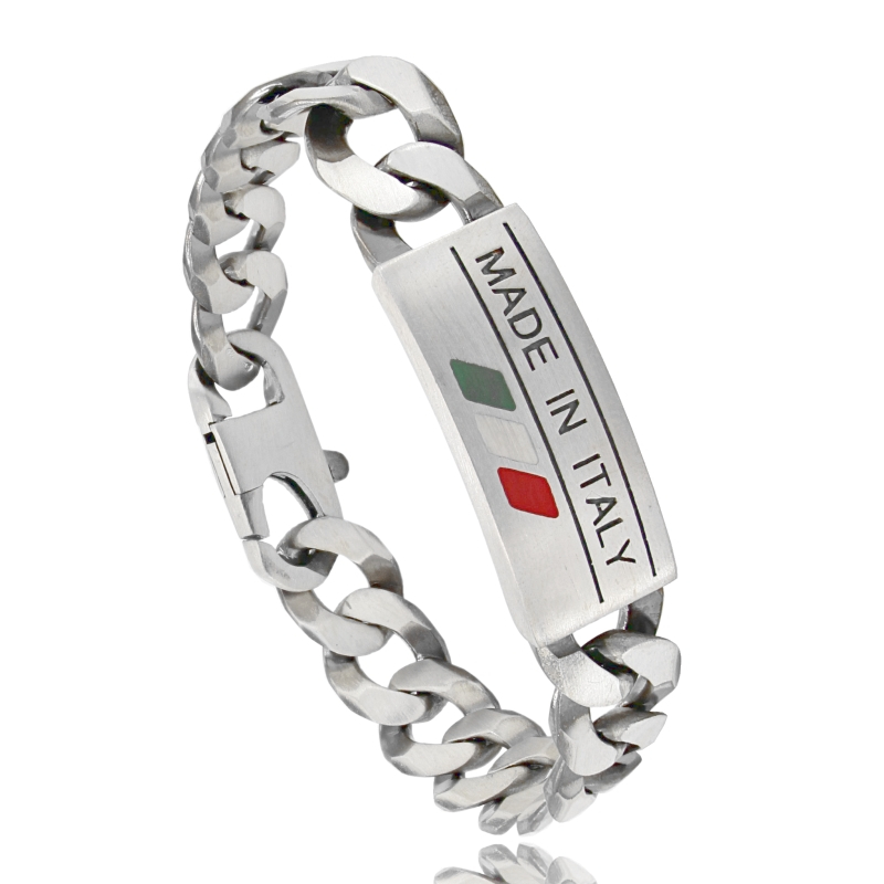 BRACCIALE GRUMETTA CON TARGA MM 14 "MADE IN ITALY" IN ARGENTO BRUNITO TIT 925 CM 22