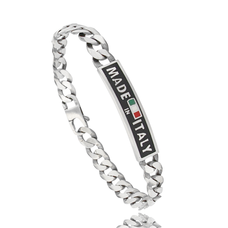 BRACCIALE GRUMETTA CON TARGA MM 9 "MADE IN ITALY" IN AG BRUNITO TIT 925 CM 22 CON SMALTO FONDO NERO