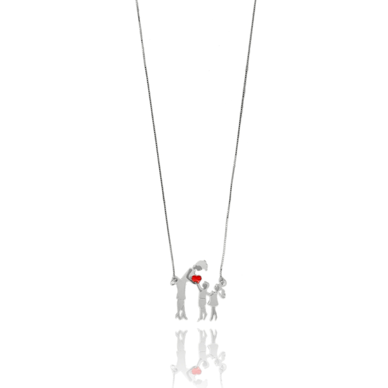COLLANA VENEZIANA CON MAMMA, FIGLIO, FIGLIA E CUORICINO SMALTATO ROSSO MM 22X24 IN ARGENTO TIT 925 CM 40-45
