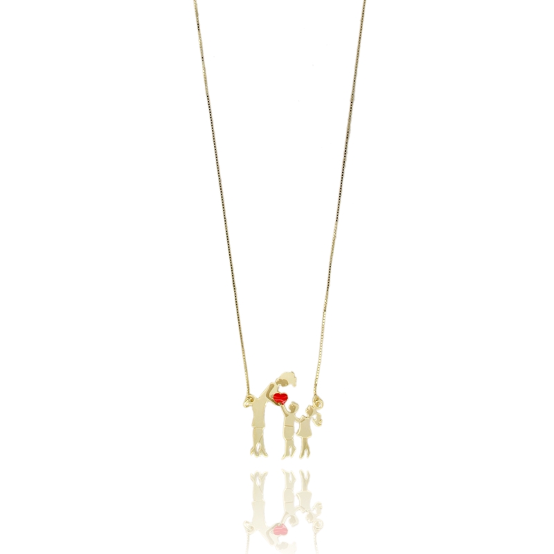 COLLANA VENEZIANA CON MAMMA, FIGLIO, FIGLIA E CUORICINO SMALTATO ROSSO MM 22X24 IN ARGENTO TIT 925 CM 40-45