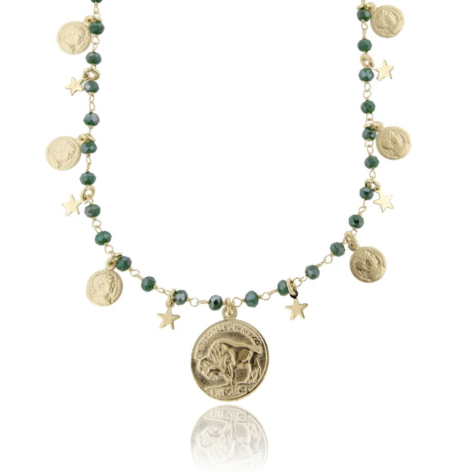 COLLANA CON MONETE, STELLE E PIETRE IN ARGENTO DORATO TIT 925‰ CM 70