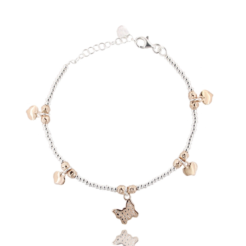 BRACCIALE CON RONDELLE IN ARGENTO CON PEPITE, SIMBOLO E CUORI PLACCATI ORO ROSA TIT 925 CM 17-20