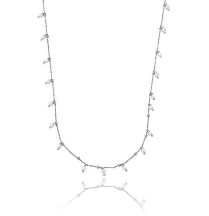 LACCIO FORZATINA CON PERLE BIANCHE PENDENTI IN ARGENTO RODIATO TIT 925 CM 80