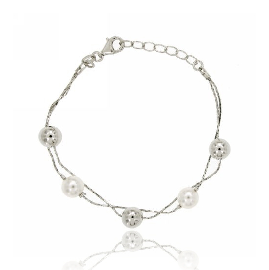 BRACCIALE COBRA CON PERLE E SFERE IN ARGENTO RODIATO TIT 925‰ CM 18