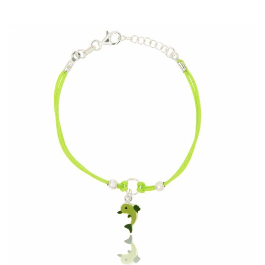 BRACCIALE BIMBO-A IN STETA CERATA E DELFINO BOMBATO SMALTATO IN ARGENTO TIT 925‰ CM 15-17