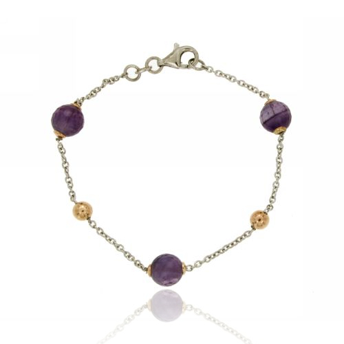 BRACCIALE CON SFERE DI AMETISTA IN ARGENTO RODIATO E PLACCATO ORO ROSA TIT 925‰ CM 18