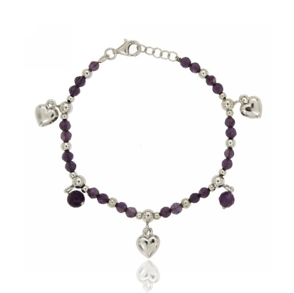 BRACCIALE CON PIETRE VIOLA MM 4 E CIONDOLI A CUORE IN ARGENTO RODIATO TIT 925‰ CM 18-20